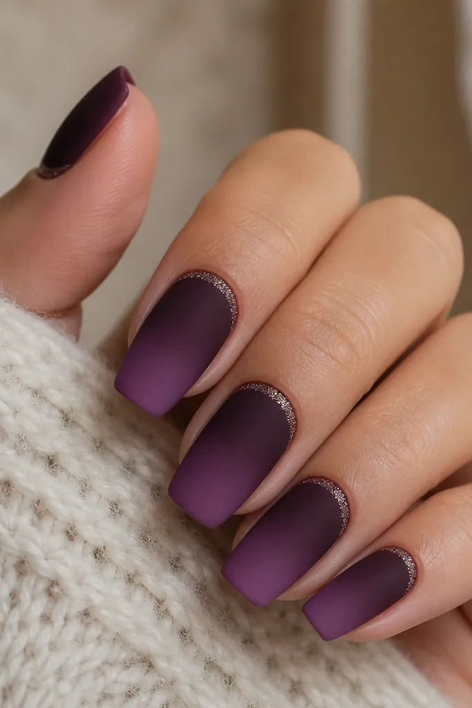 Medium squoval nails. Ombre fades from dark plum at the cuticle to lighter grape at the tips. The top coat is matte, and there's a thin glitter halo around the cuticle line.