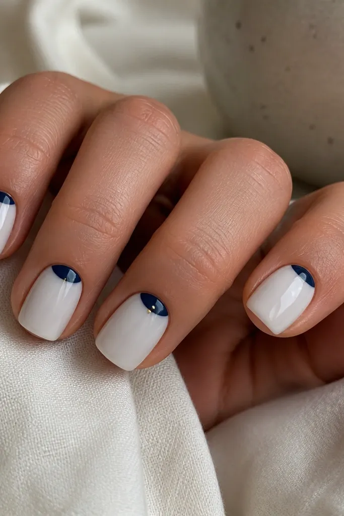 Square-short nails with a milky white base. The cuticle area has a clean navy half-moon on each nail, leaving the rest white. One nail has a tiny gold dot near the half-moon edge.