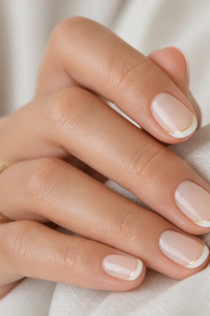 Round nails painted sheerly nude underlay with a crisp micro-French in classic white. A hairline gold strip runs along the very edge of the white tip on each nail, with a glossy finish.