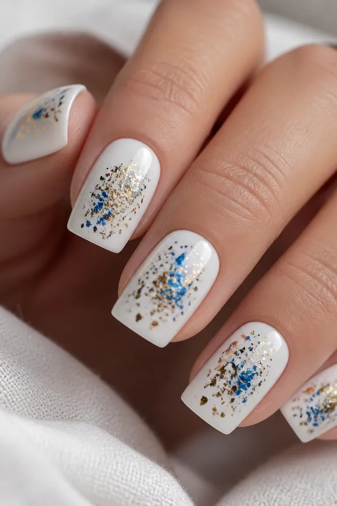 Square nails with glossy classic white base. Random small blue foil flakes and gold foil specks scatter across the nails, with heavier concentration near the center.