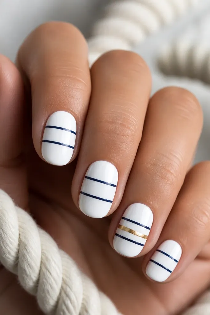 Short oval nails in classic white. Two thin navy horizontal lines run across each nail, evenly spaced, with a single gold line running between them on one accent nail.
