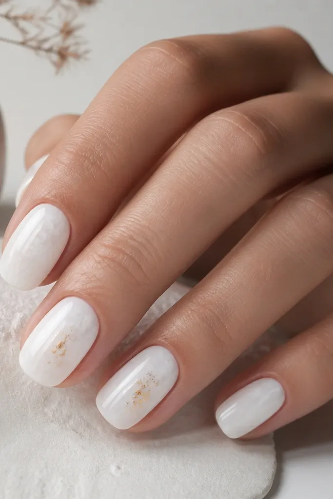 Nails with a classic white base. Subtle lighter white marble dots and swirls are visible. Tiny gold flecks sit near the center on two nails.