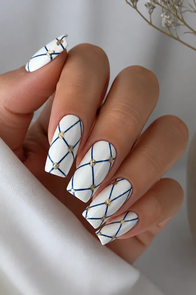Long square nails. Classic white base with navy gel lines forming irregular stained-glass panels. Small gold leaf sits at a few panel intersections.
