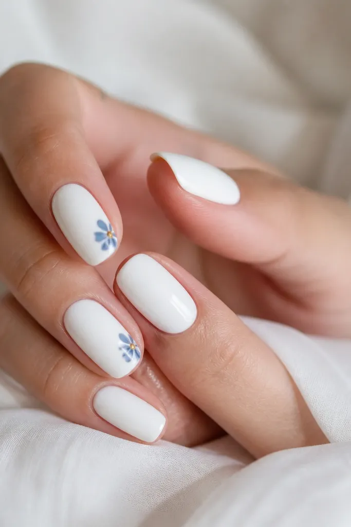 Nails with classic white base. Two accent nails have small blue flower petals painted near the side of the nail, with a gold dot in the center. Other nails are plain white.