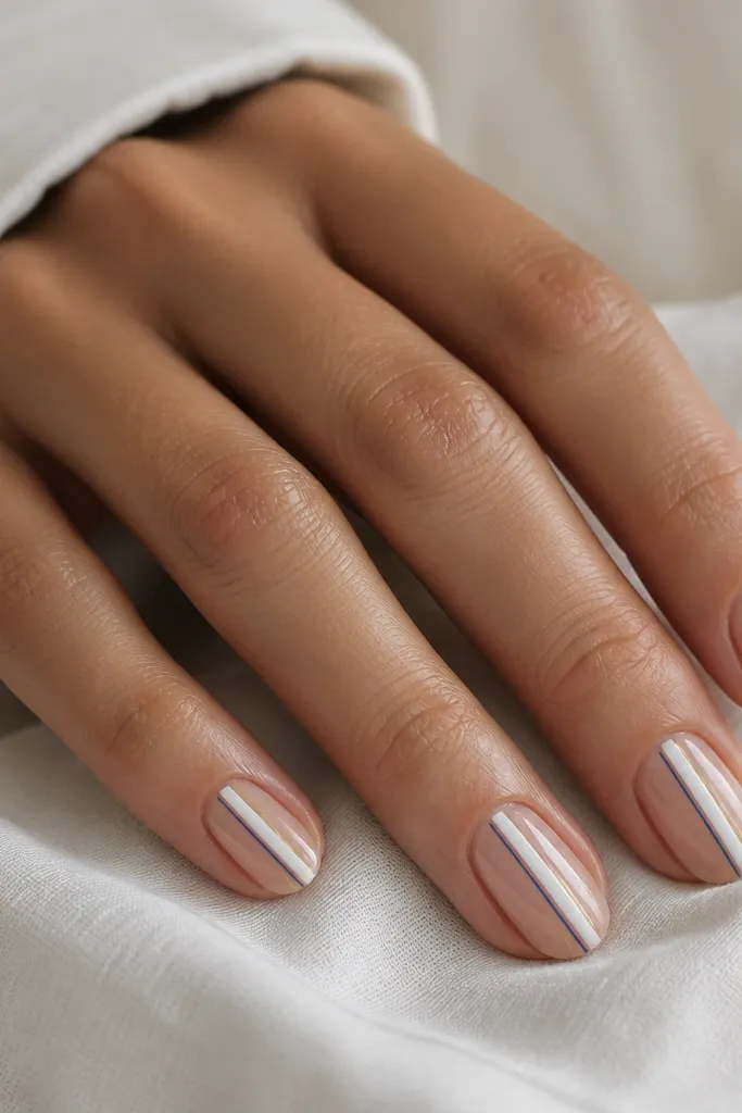Clear/nude base with a classic white stripe running down the center. A thin blue stripe sits on one side, and a hairline gold stripe sits near the sidewall. The rest of the nail stays nude/clear.