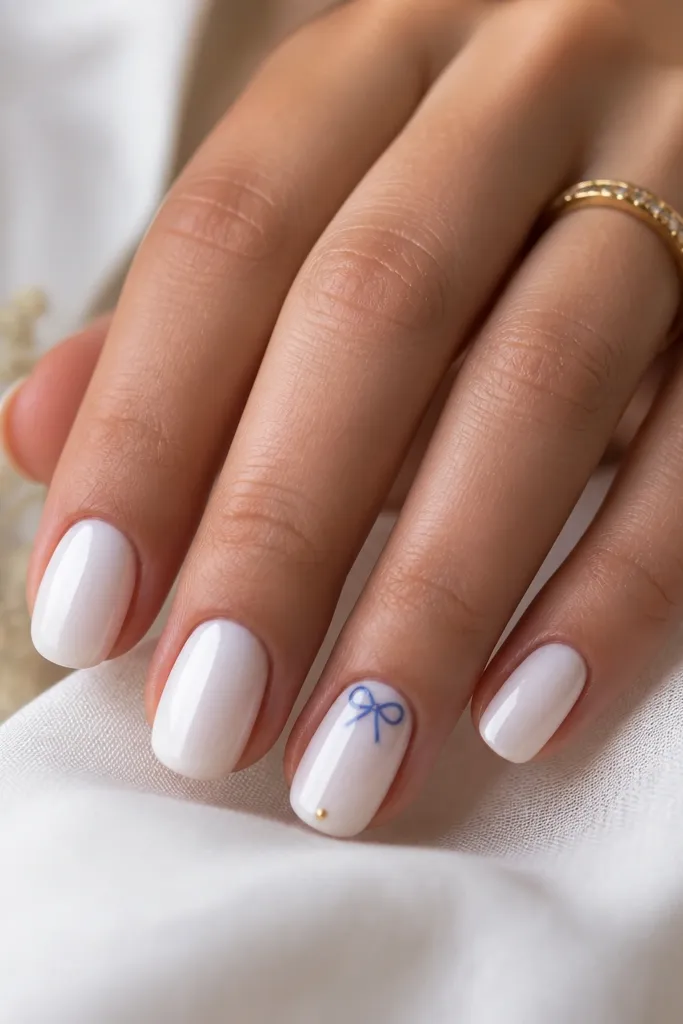 Mostly classic white nails. One accent nail has a tiny blue bow painted near the cuticle with two loops, and a single gold dot at the tip of the nail. Glossy finish.
