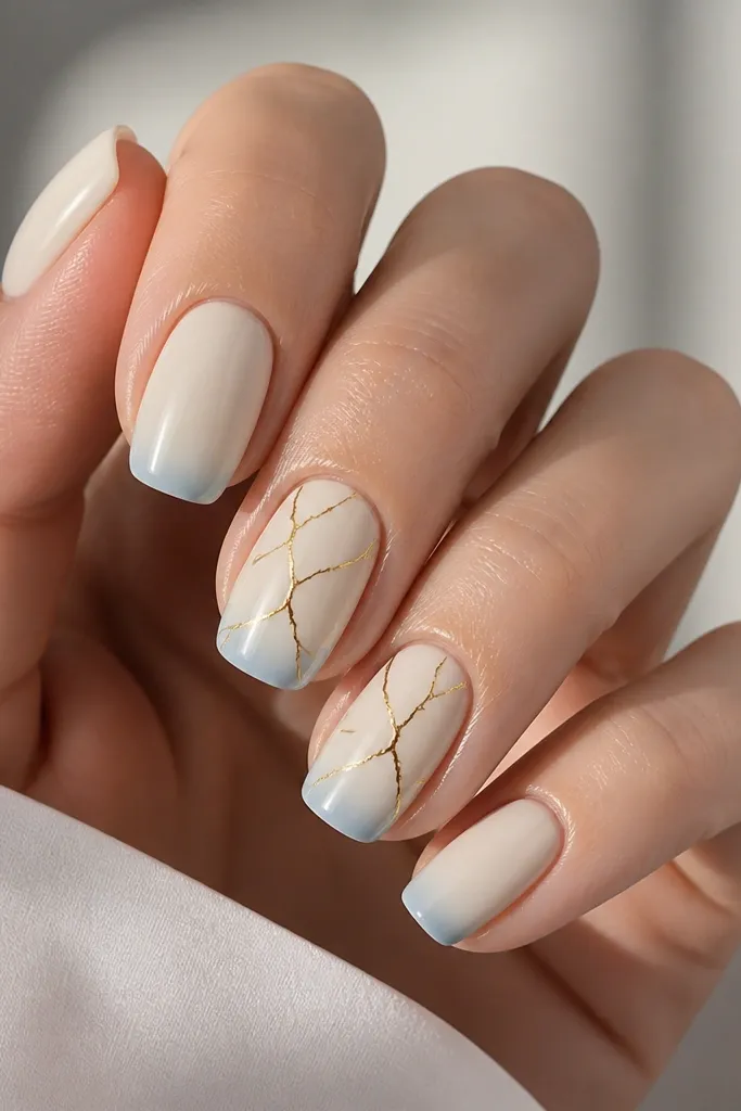 Glossy classic white nails with thin gold foil crack lines spreading like shattered glass across one or two nails. Along the free edge there is a faint blue tint like a shadow.