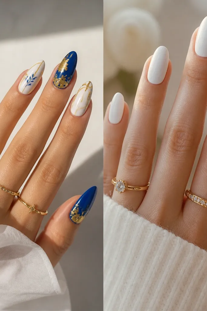 15 Blue White And Gold nails vs classic white, gorgeous