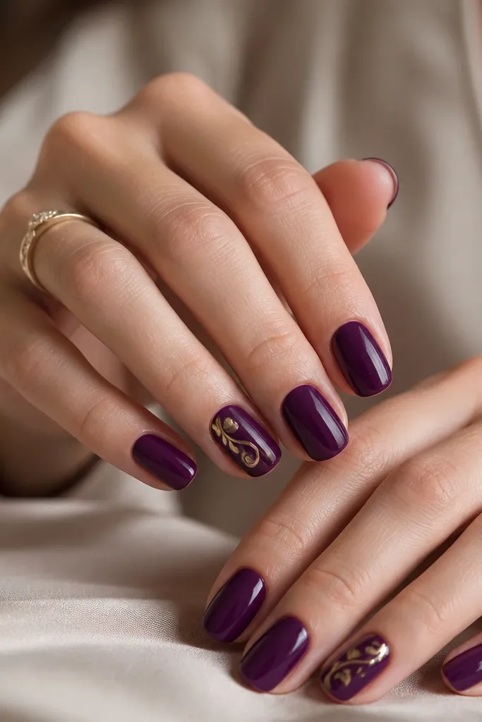 All nails are glossy deep purple except one accent nail per hand. The accent has a gold leaf swirl starting near the sidewall and curling toward the center.
