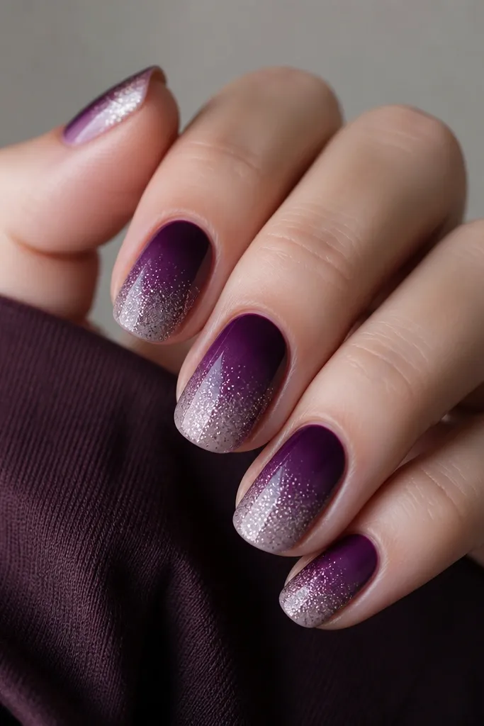 Dark purple nails with a soft ombré fade that lightens toward the tip. Silver micro-glitter concentrates near the edge and fades into the purple.