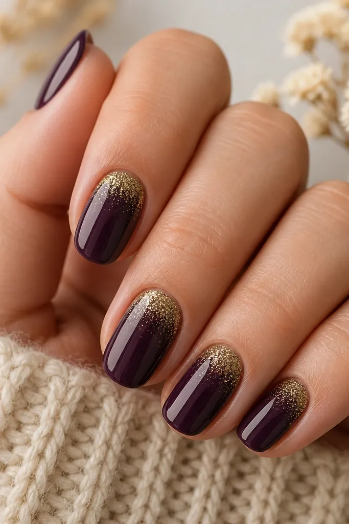 Dark purple nails with a glossy base. A fine gold glitter fade sits right around the cuticle edge and fades downward into the purple.