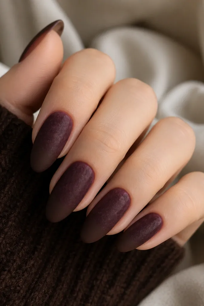 A set of medium almond nails painted a deep plum base with a soft crushed-velvet texture. The tips fade into a matte cocoa-brown gradient, ending with a clean, slightly curved edge on each nail.
