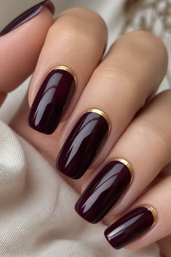 Long squoval nails coated in a dark blackberry jelly that looks wet and reflective. At the cuticle, each nail has a crisp gold half-moon that sits like a metallic frame.