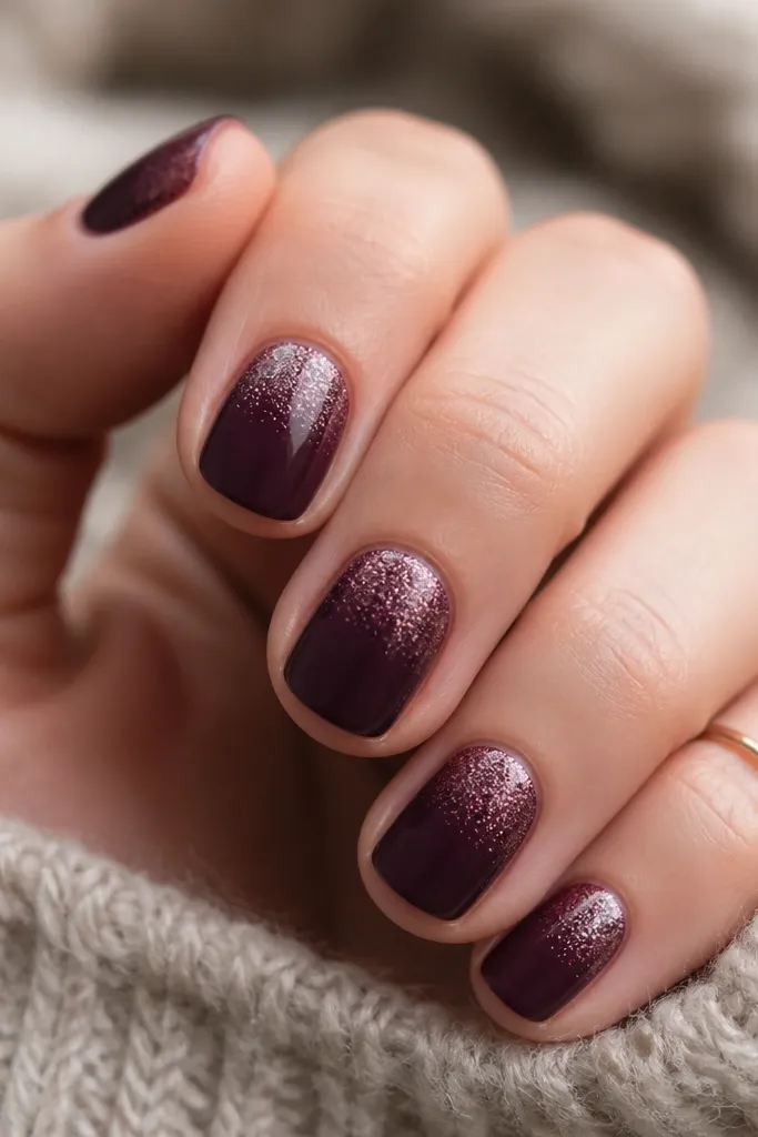 Short round nails with a solid deep plum base. The sparkle starts at the tip and fades downward with fine micro-glitter, leaving the center mostly opaque.