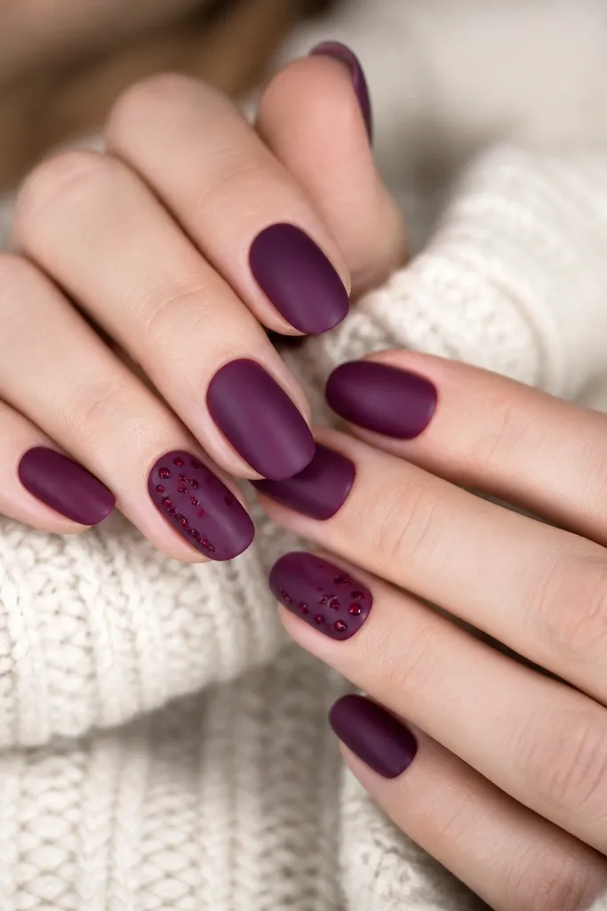 Medium oval nails painted a smooth satin wine-purple finish. Two accent nails have tiny dark-ruby dots clustered near the side of the nail, like a spaced constellation.