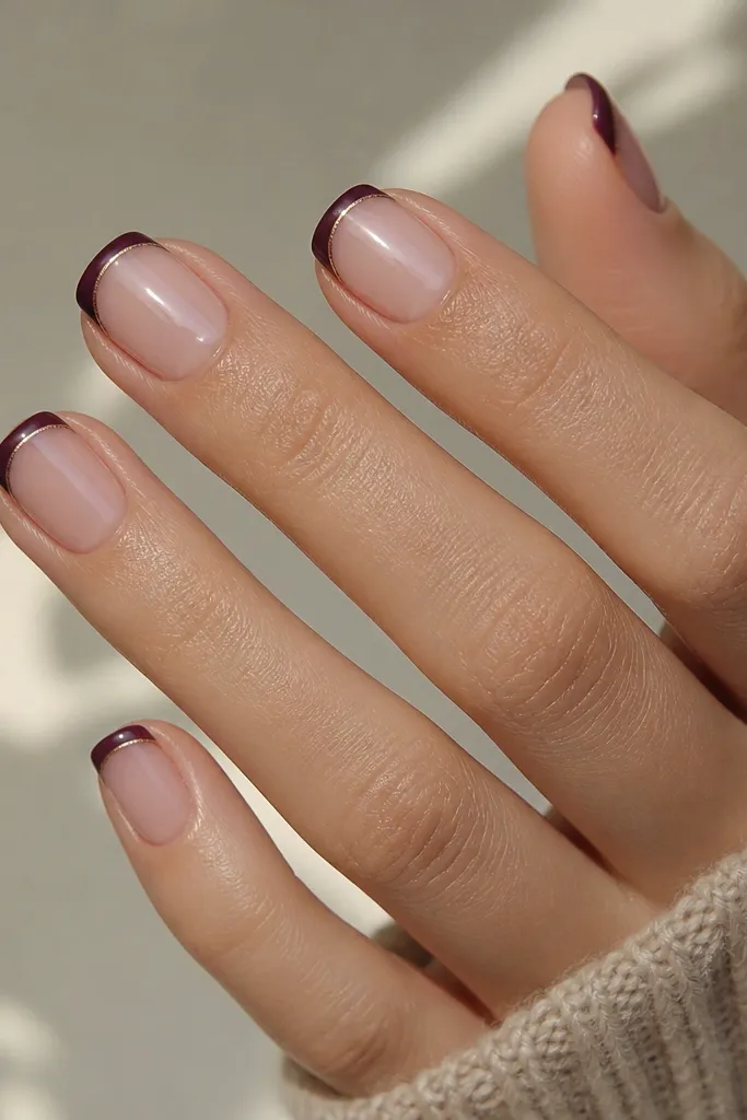 Short squoval nails with a sheer nude base. The French tips are painted dark purple, and each tip has a thin warm taupe line outlining the edge.