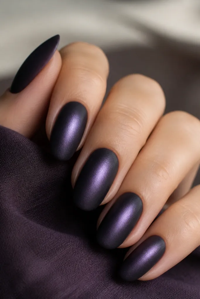 Nails with a matte blackberry base. A light veil of purple-black chrome dust sits mostly in the center and catches light as a soft halo.