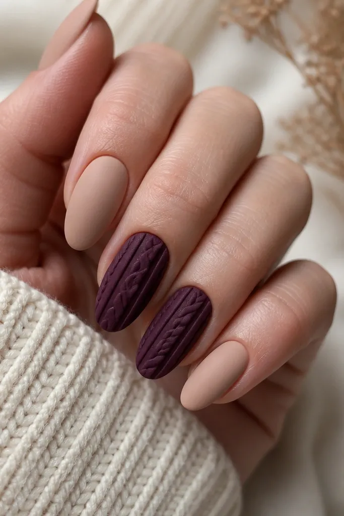 A matte nude base on several nails, with two accent nails featuring a raised-looking cable-knit pattern in dark plum. The pattern looks like tiny twisted lines running vertically.