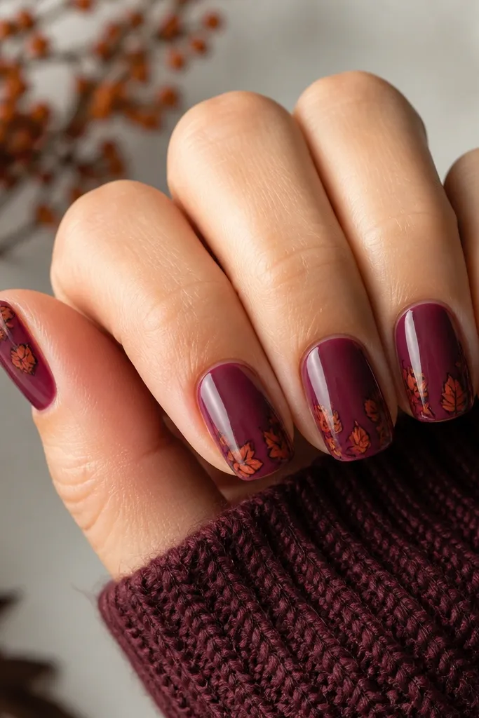 Short-to-medium nails with a translucent plum jelly base. On the tips, small burnt orange leaf shapes sit in a loose fall pattern, with a tiny dark outline.
