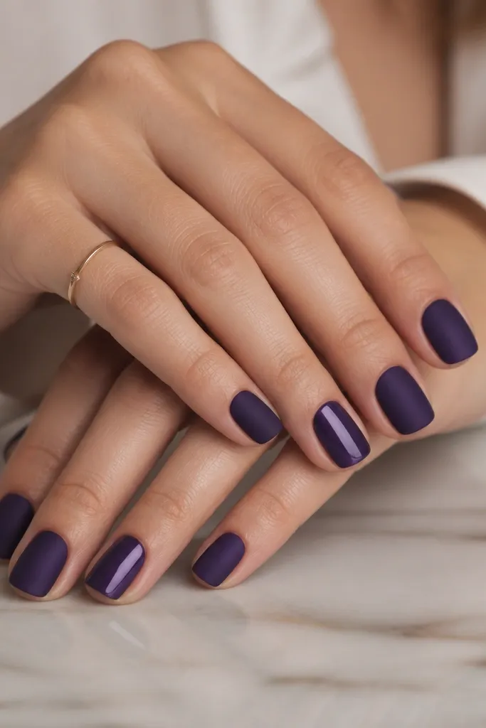Short square nails painted matte dark purple. On one accent nail per hand, there is a single glossy vertical stripe down the center that reflects light.