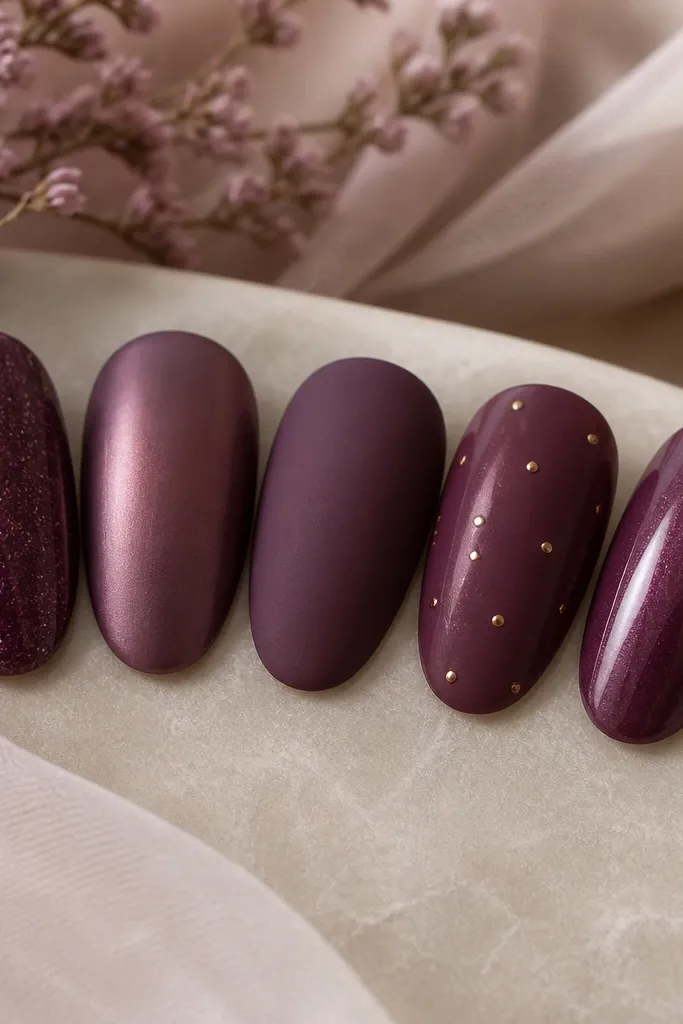 Five nails in a coordinated set: each nail is a different close shade of plum. One has micro-glitter, one is satin, one is matte, one has tiny gold dots, and one is glossy with a soft shimmer.
