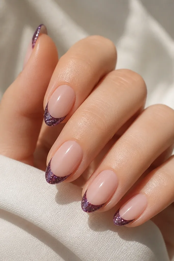 Nails with a sheer nude base and crisp dark purple French tips. Only the French tips have crushed-glitter texture, sparkling unevenly like crushed gemstone.