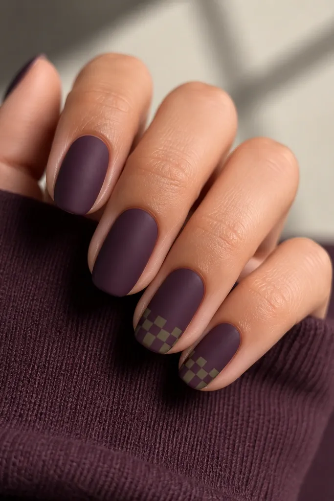 Deep plum nails with a matte finish. Two accent nails have a tiny micro-check pattern made with olive green and a slightly lighter plum, arranged in small squares near the tip.