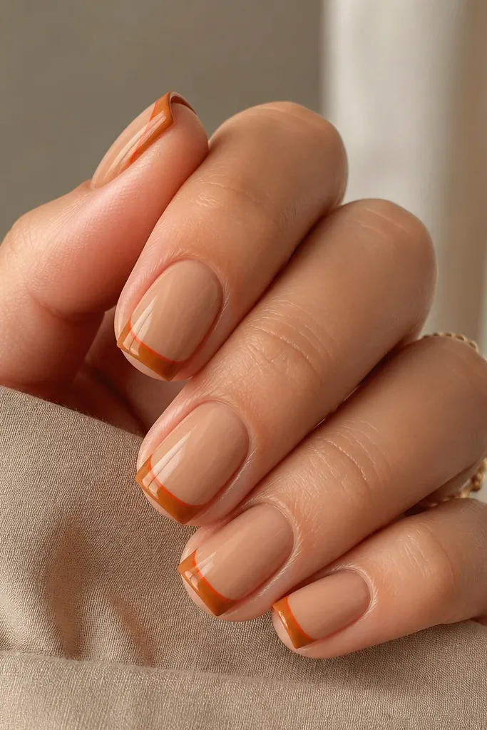 Short square nails with a caramel nude base. The French tips are crisp and wide, done in a warm caramel shade, with a thin burnt orange line hugging the very edge of each square tip. Glossy finish, clean cuticles, and a subtle highlight reflection on the caramel layer.