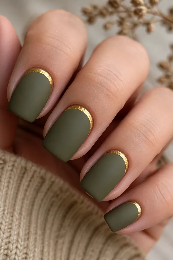 Medium square nails in a deep olive green with a matte, velvety finish. Each nail has a thin gold line forming a small halo around the cuticle, leaving the center matte. The gold looks like fine metallic foil striping, sharply separated from the matte base.