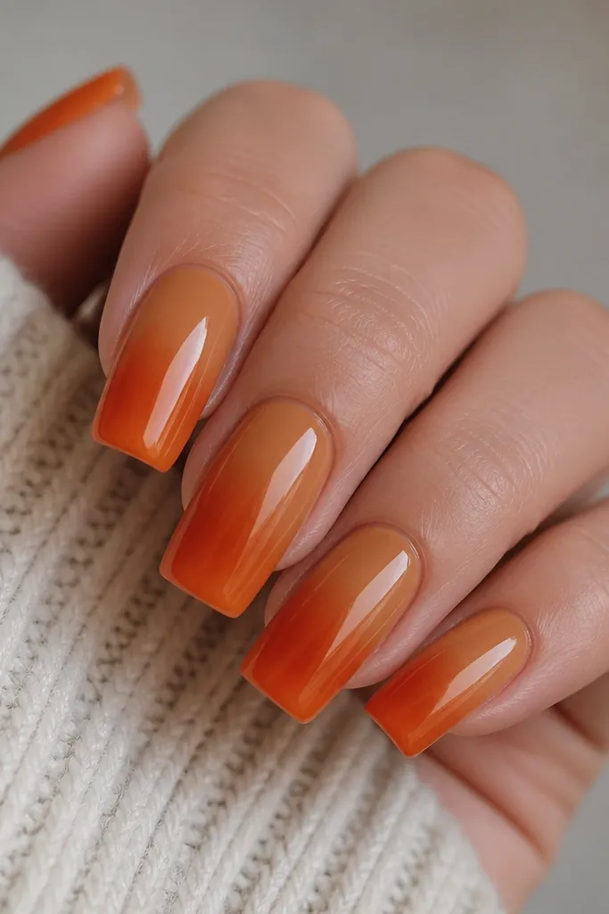 Square nails showing a smooth gradient from caramel near the cuticle to burnt orange at the tip. The gradient is blended with no harsh line. The nails are glossy, and the orange has a warm, slightly translucent glow near the edges.