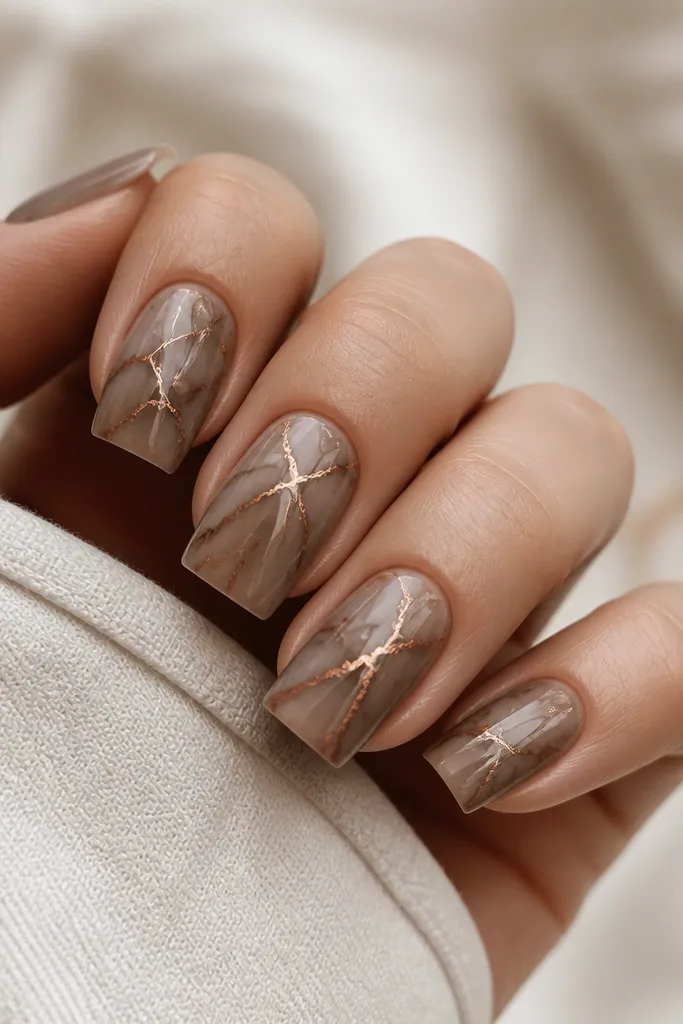 Square nails with a taupe base that looks like soft marble. Thin copper lines trace through the marble like veins, some thicker and some hairline. Finish is glossy, with realistic marble movement across the nail.