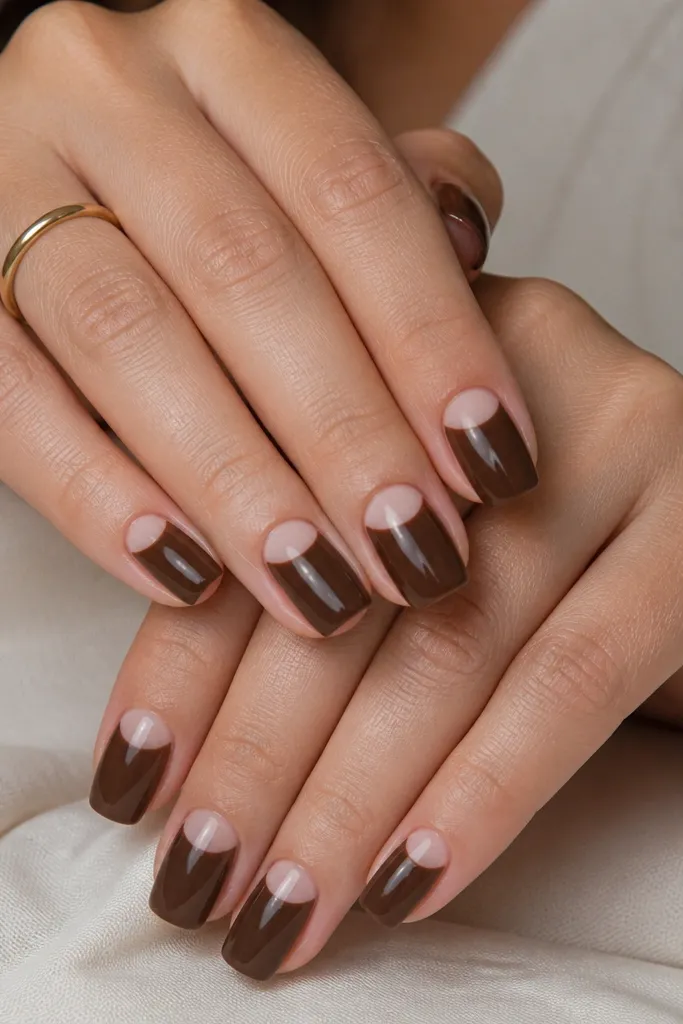 Medium square nails in glossy chocolate brown. Each nail has a nude half-moon at the cuticle, leaving a clear contrast between the chocolate and nude. The half-moon edge is crisp and centered.