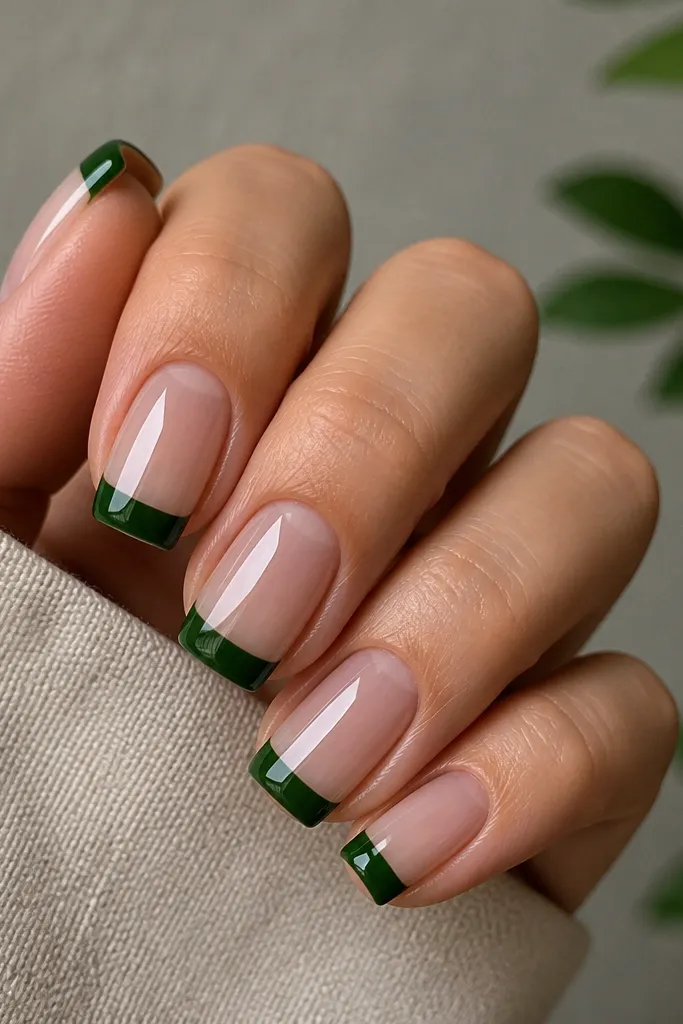 Square nails with a translucent nude jelly base. The tips are painted in forest green, forming a clean French-style band across the top edge. The jelly base shows subtle nail line glow, while the green tips look solid and glossy.
