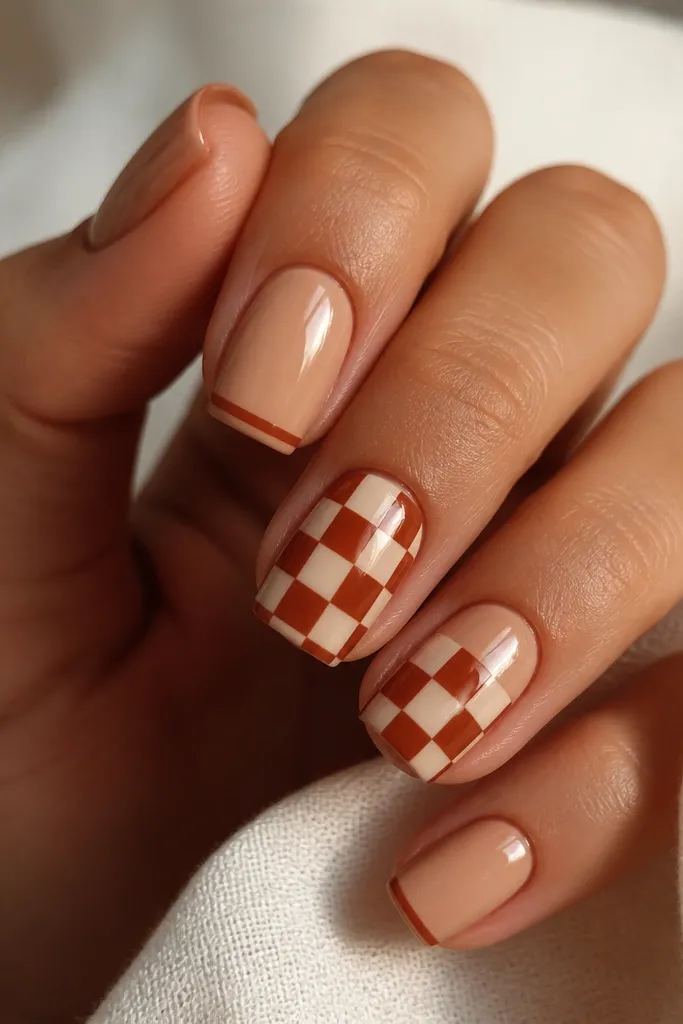 Square nails with a warm nude base and glossy finish. Two nails feature a rust orange and cream checkerboard pattern across the center, with crisp squares. Other nails are solid nude or have a thin rust stripe near the tip.