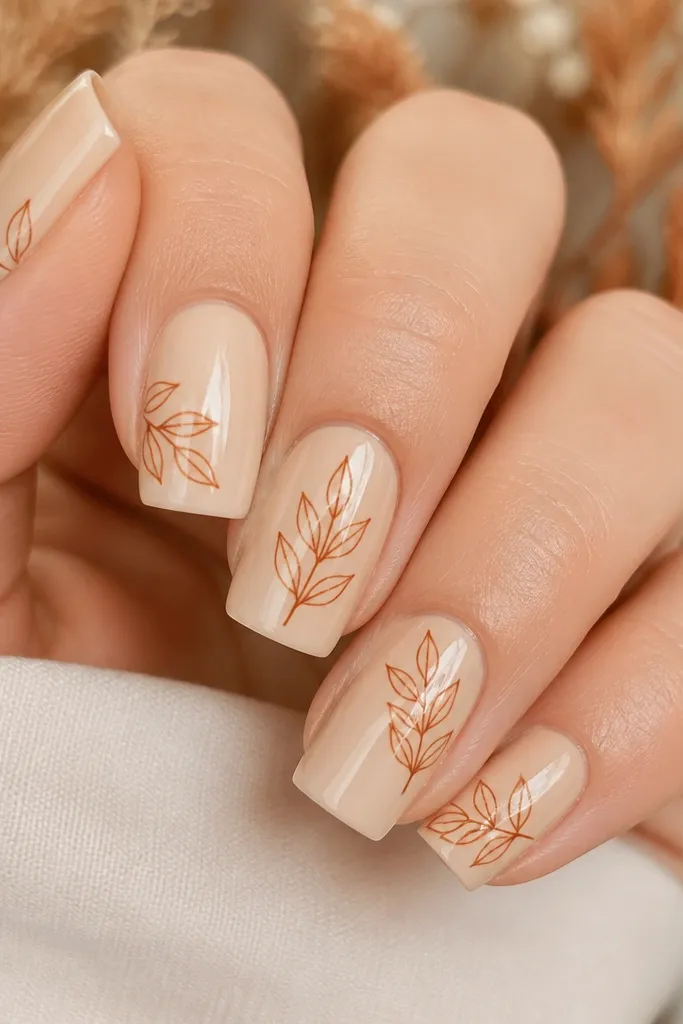 Square nails in creamy nude with glossy finish. Each nail has delicate burnt orange leaf line art - thin veins and leaf shapes near the center or along one side. The lines are crisp, not filled in, so the nude base shows through.