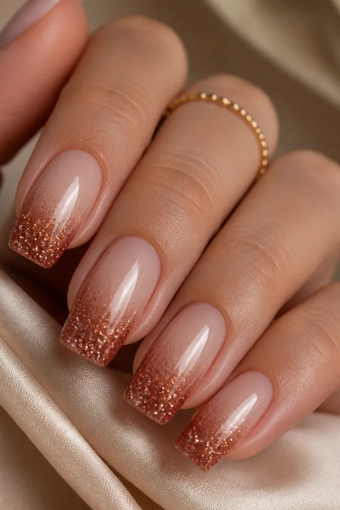 Square nails with a nude base fading into sienna brown micro-glitter at the tips. The glitter density increases toward the free edge, with a smooth ombré transition. Glossy finish, tiny sparkle particles, no chunky glitter.