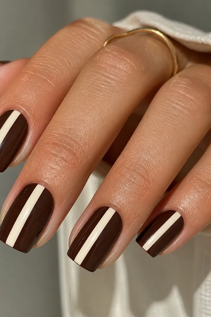 Square nails with a glossy chocolate brown background. A single thick cream stripe runs vertically down the center of each nail, ending near the tip but not touching the cuticle. The stripe is clean with sharp edges, like painted tape.