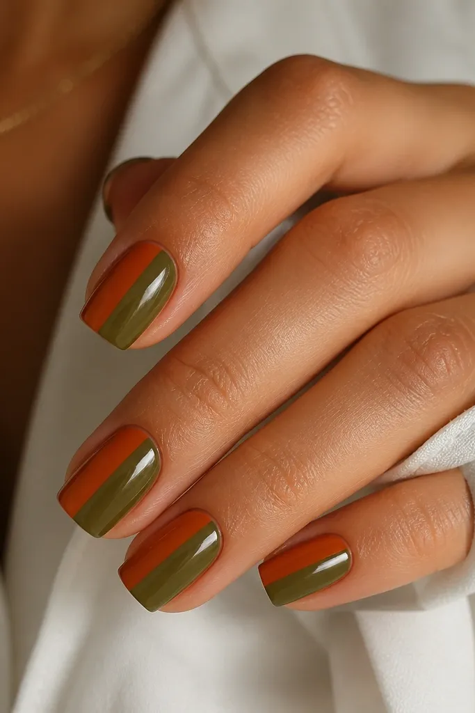 Square nails split vertically into two halves. One side is burnt orange glossy color, the other side is olive green glossy color. The split line is crisp and straight, centered on each nail.