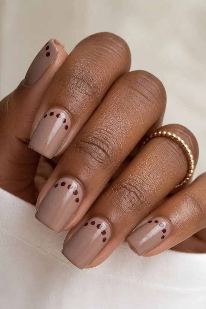 Square nails with a taupe nude base and glossy finish. Along the very top edge near the tips, there are three to five dark plum dots arranged like a subtle arc. The dots look evenly sized and evenly spaced, giving a polka-dot French vibe.