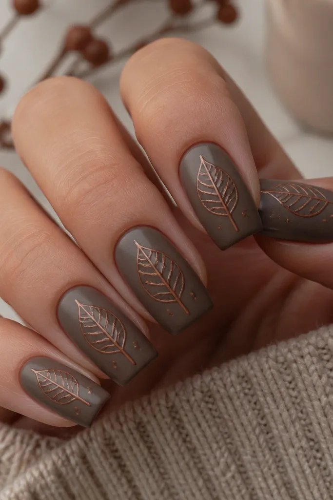 Square nails in a smoked mocha base with a semi-matte finish. Thin, hand-drawn dried-leaf outlines in warm caramel trace the center of each nail. The outlines have tiny irregular gaps like real leaf veins, with a couple of short dots near the tip. A glossy clear top coat makes the leaf lines look slightly raised against the mocha background.