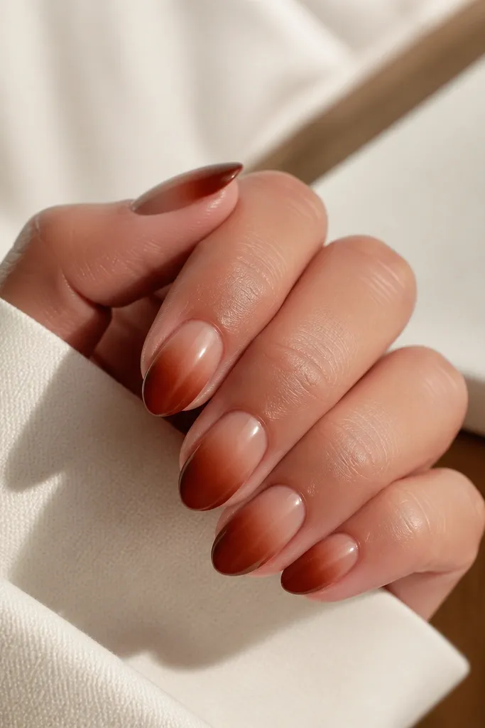 Short almond nails with a warm ombre: the tips are deep cinnamon brown and fade into caramel beige near the middle; glossy top coat; no extra nail art.