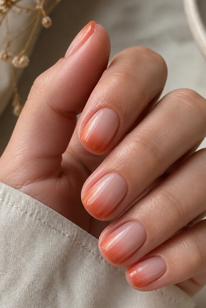 Short square nails with a terracotta orange tip fading into a nude-pink center; the fade is strongest at the corners and softens toward the middle; glossy finish.