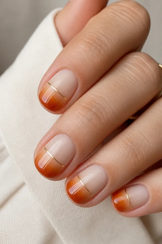 Short round nails with burnt orange ombre tips fading into a creamy beige middle; a single thin gold strip sits horizontally near the midline; glossy top coat.