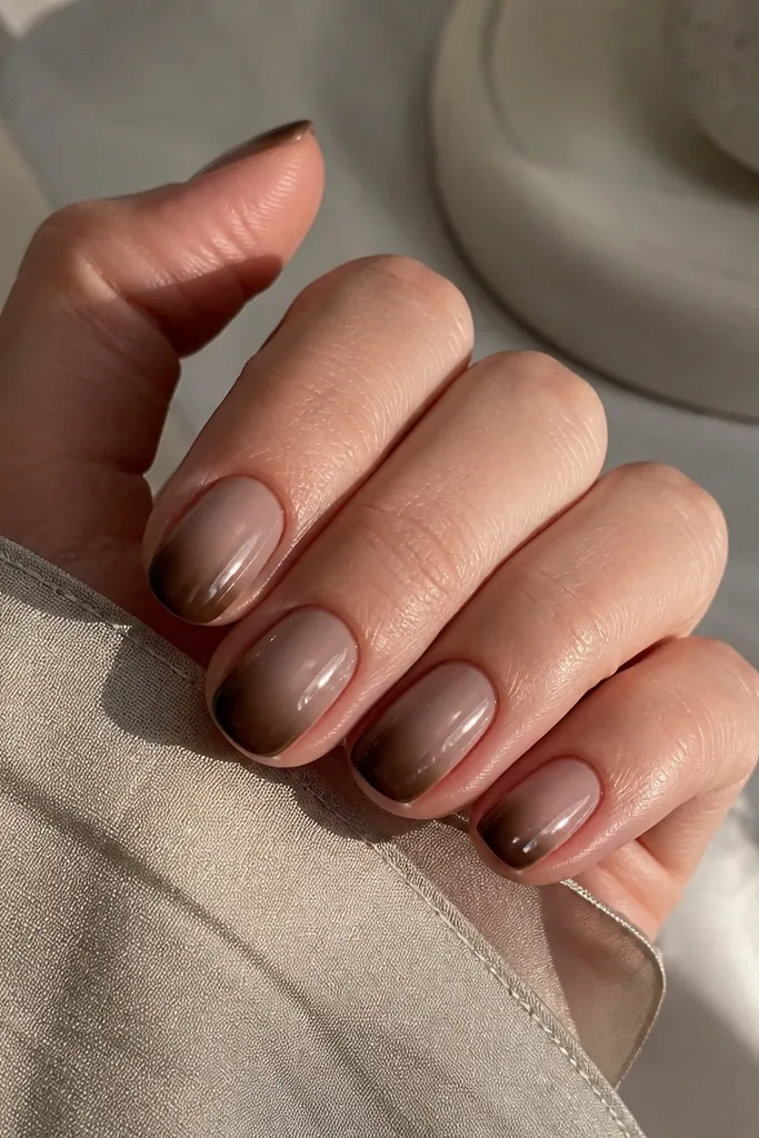 Short oval nails with chocolate brown tips fading into milky taupe near the cuticle; smooth gradient; glossy finish.