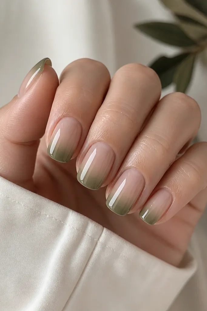 Short squoval nails with olive green tips fading into a nearly clear sheer layer in the center; glossy finish; no other art.