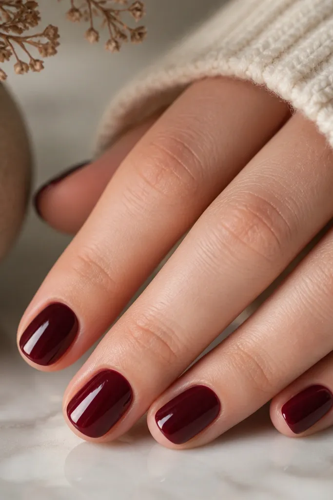 Short round nails painted a deep burgundy color with a high-gloss finish; no gradient; clean cuticle line.