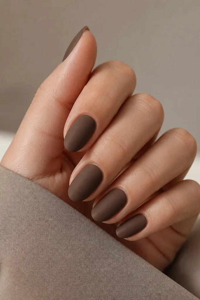 Short almond nails in cocoa brown with a velvety matte finish; cuticles are clean; no shine besides a tiny amount at the edges.