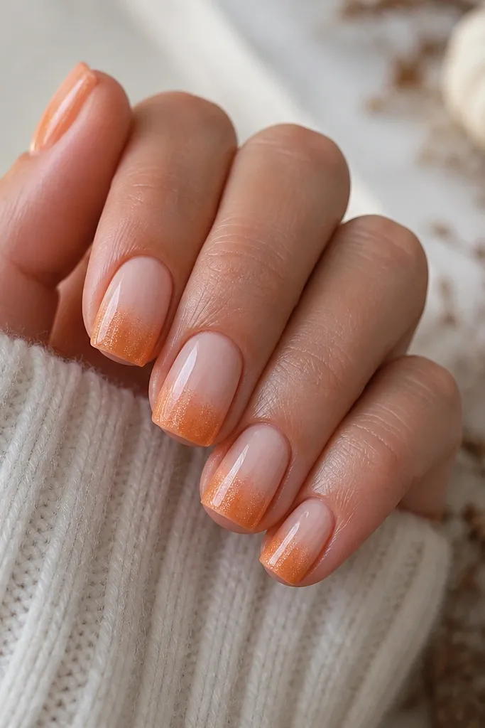 Short square nails with pumpkin orange ombre tips fading into a nude center; the very tips have fine micro-glitter, not chunky sparkle.