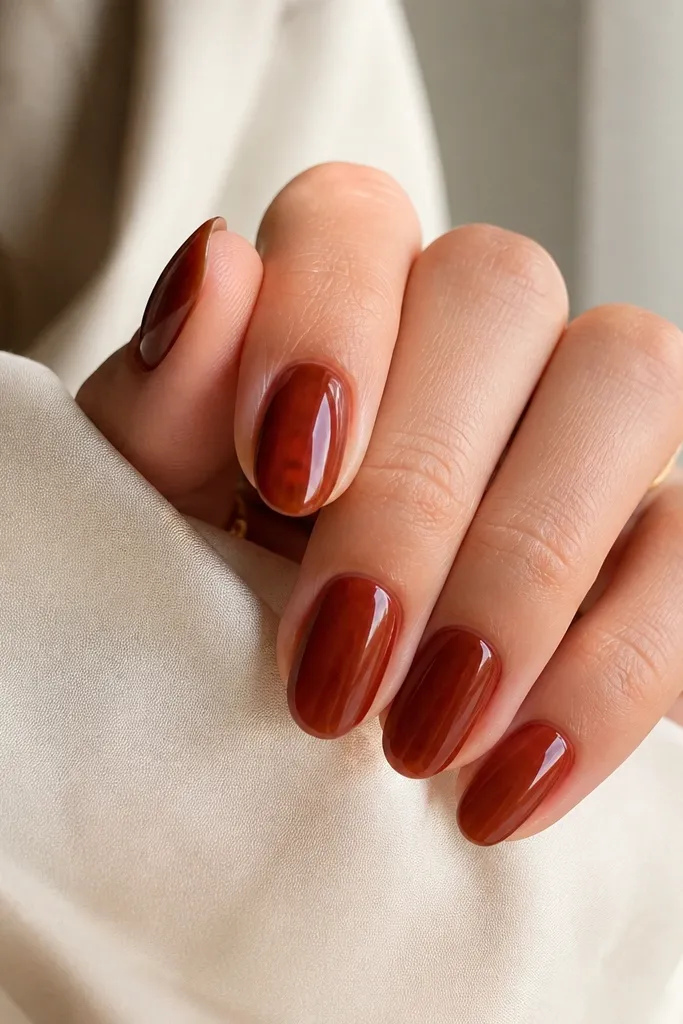 Short oval nails painted a rosewood red-brown; the finish is glossy but slightly dimensional, like layered color rather than flat paint.