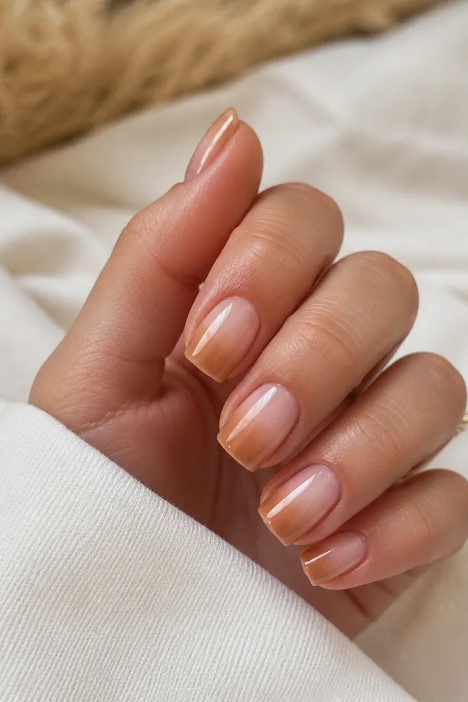 Short squoval nails with a nude base fading into a caramel tan tip; gradient is subtle and smooth; glossy top coat.